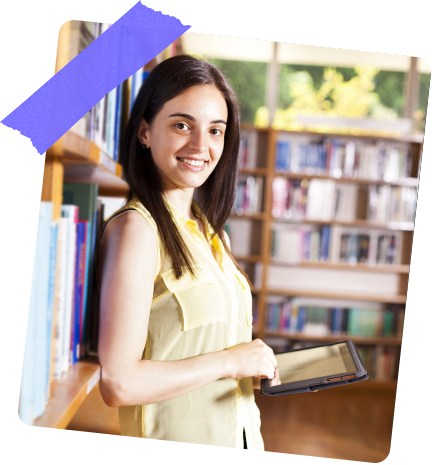 Confident and happy student checking her Digital Footprint Score on tablet, after improved online presence with Student Profile Pro services.
