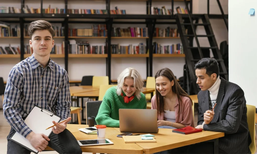 Students collaborating on laptops and notes in a library while learning how to rebrand yourself for college admission through a strong academic and digital profile